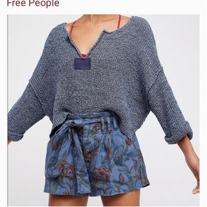 FREE PEOPLE BLUE FLORAL PAPER BAG LINEN SHORTS WITH BELT